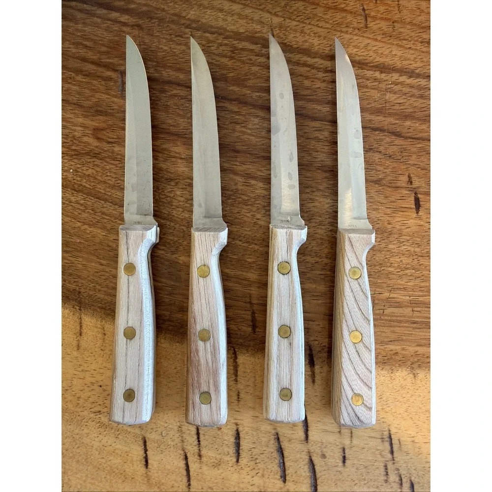Set 4 Vintage Carvel Hall Great Blades Molybdenum Steel Steak Knives Wood Japan